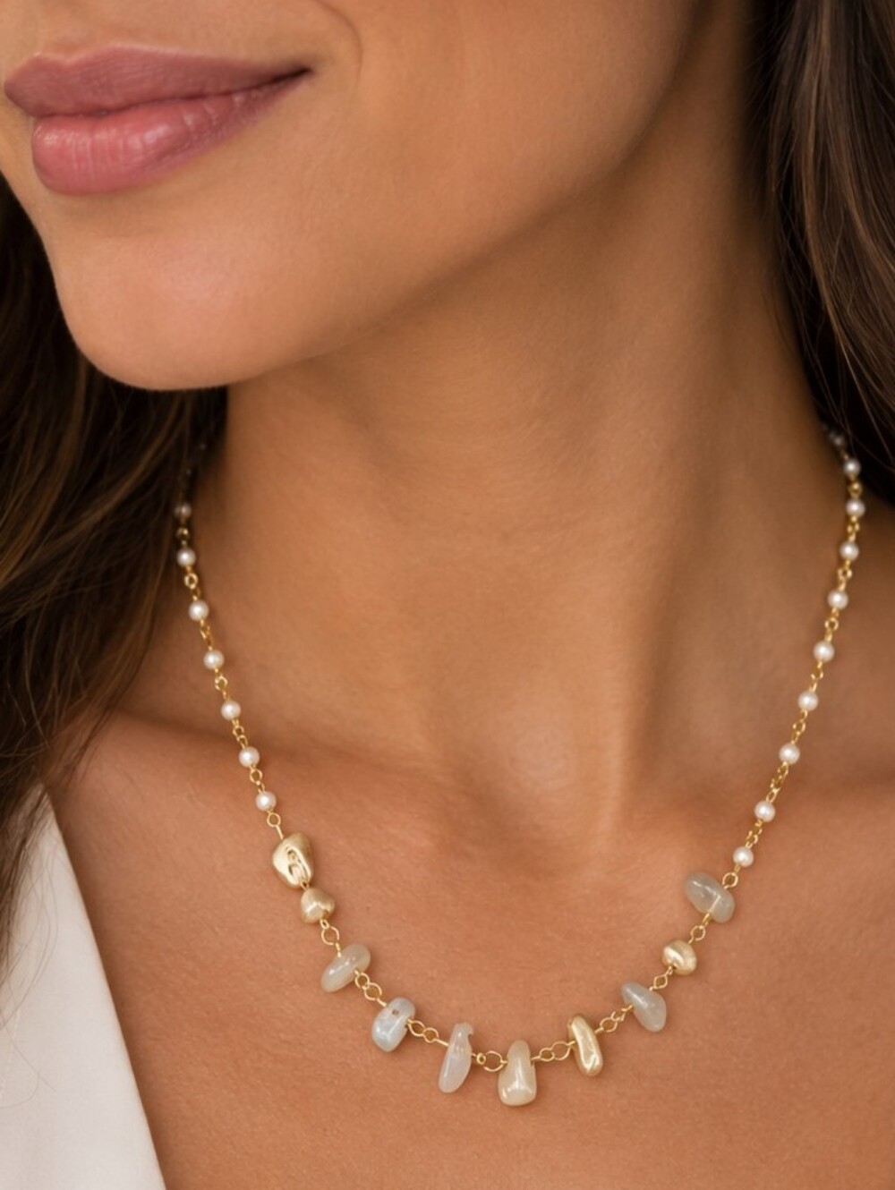 💎Gold Tone Faux Pearl Mother of Pearl Beaded Choker Necklace Delicate Boho Chic